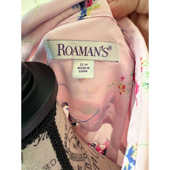Roaman's Plus Size Light Pink Floral lightweight button up long sleeve blouse - Picture 3 of 9
